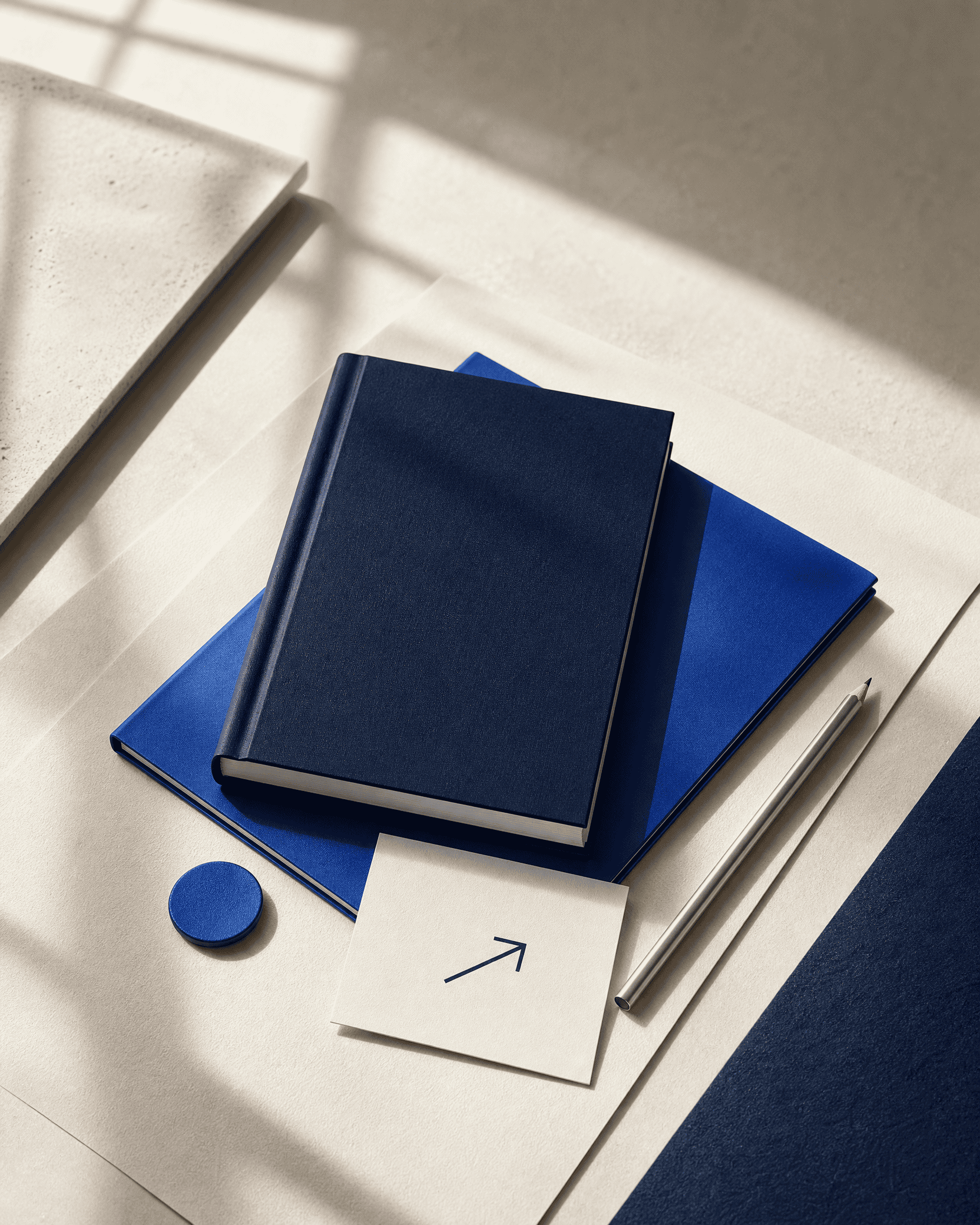 A navy private-system notebook, cobalt token, and progress marker